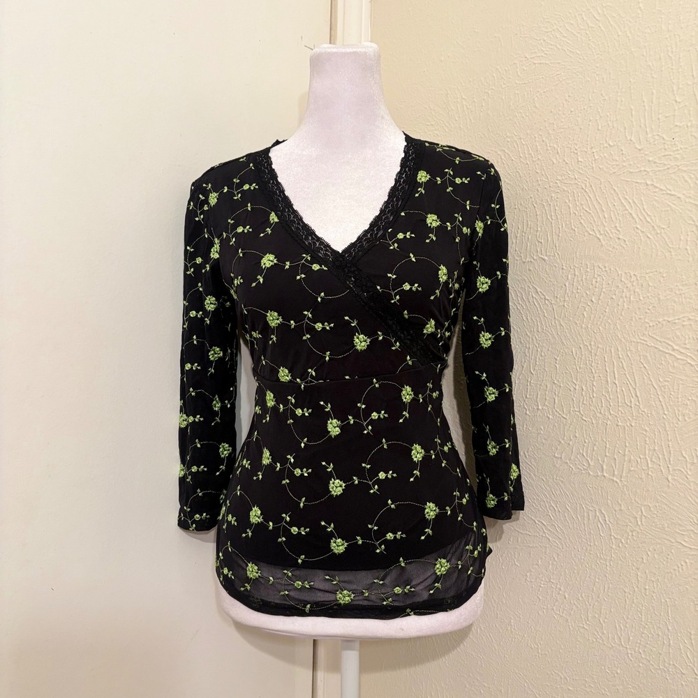 Black Green Floral Embroidered Mesh Lace V-Neck 3/4 Sleeve Top Medium Petite M